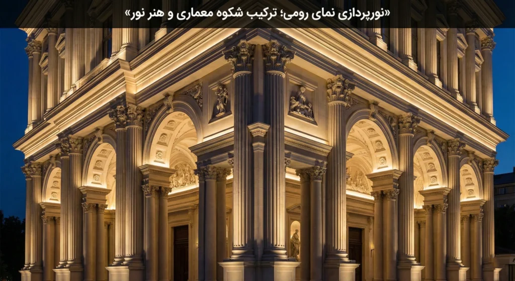 نورپردازی نمای رومی با تلفیق شکوه معماری کلاسیک و هنر نورپردازی حرفه‌ای